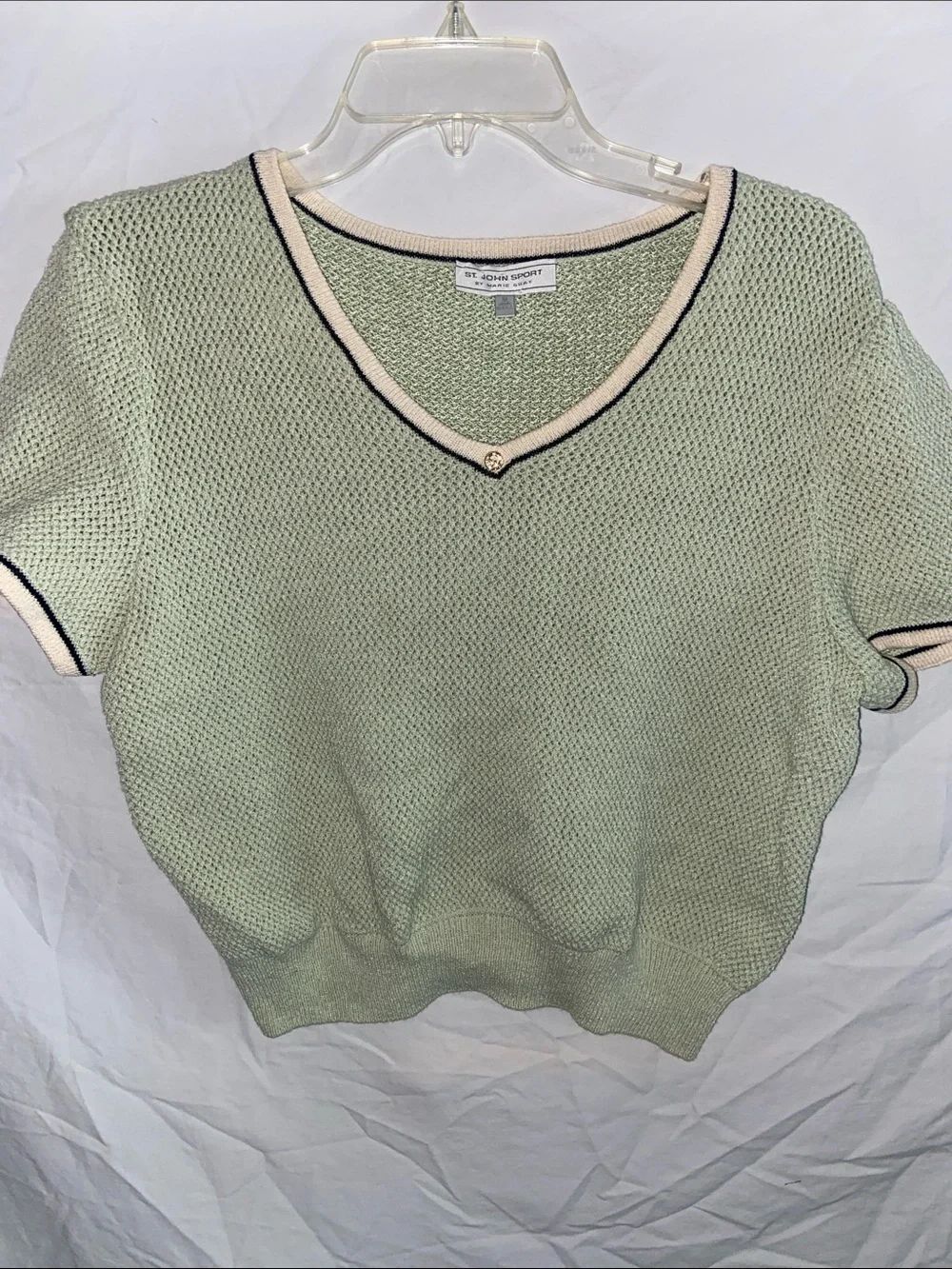 Vintage St. John Sport by Marie Gray Mint V-Neck Short Sleeve Sweater medium